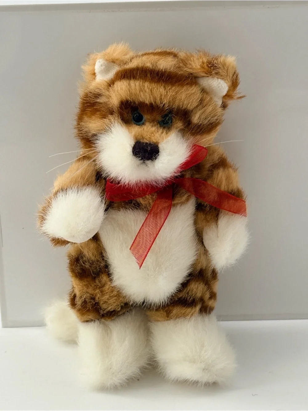 Boyds Bears Brown and White Striped Plush Cat with Red Ribbon